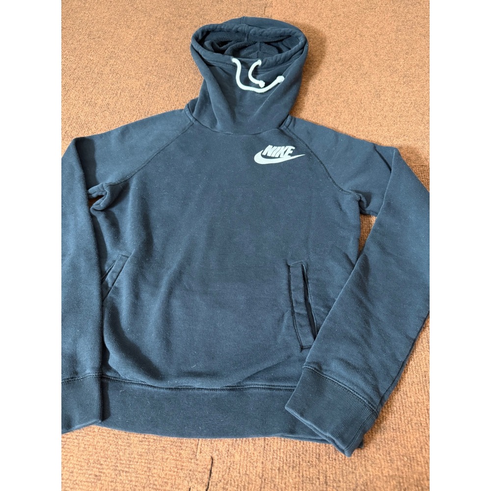 Nike Womens Funnel Neck Scuba Hoodie Black Fleece Pullover Small Raglan Logo - Picture 2 of 11